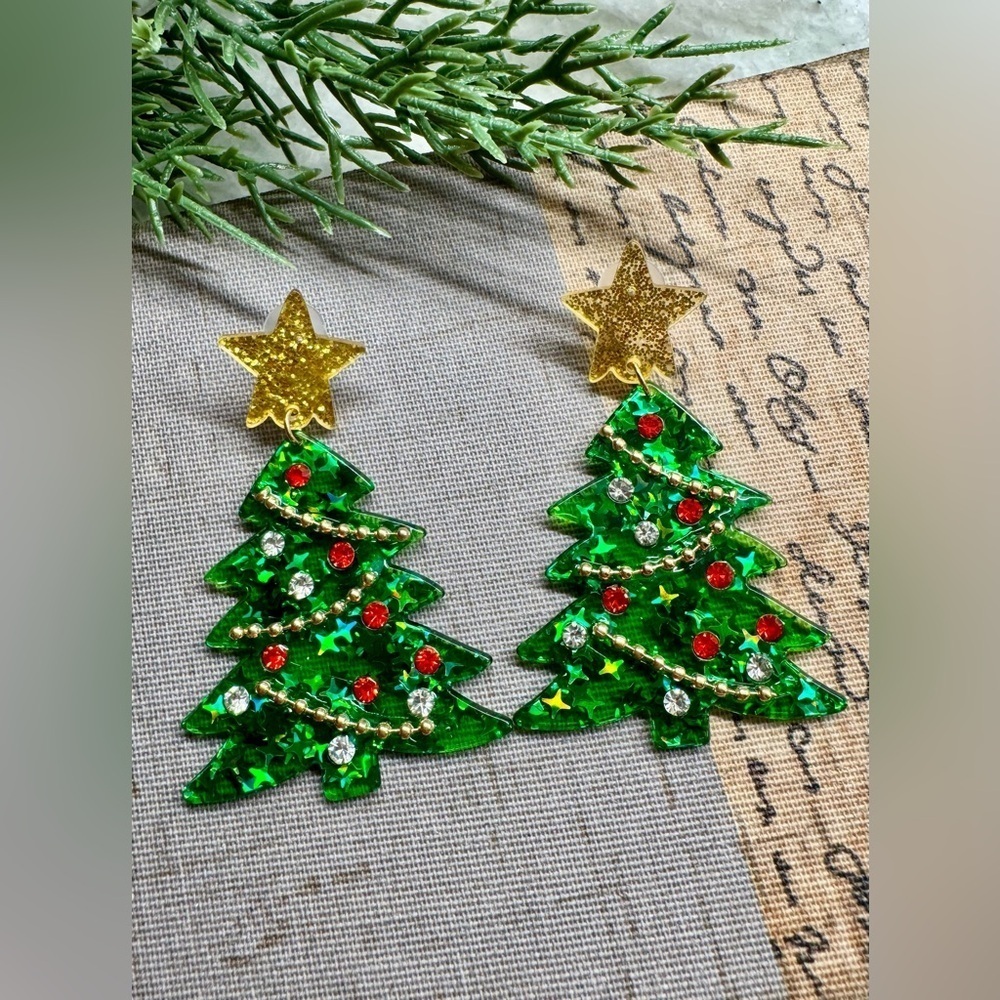 New Christmas Tree Confetti Glitter, Rhinestone, Beaded Garland Earrings - 2.75”
